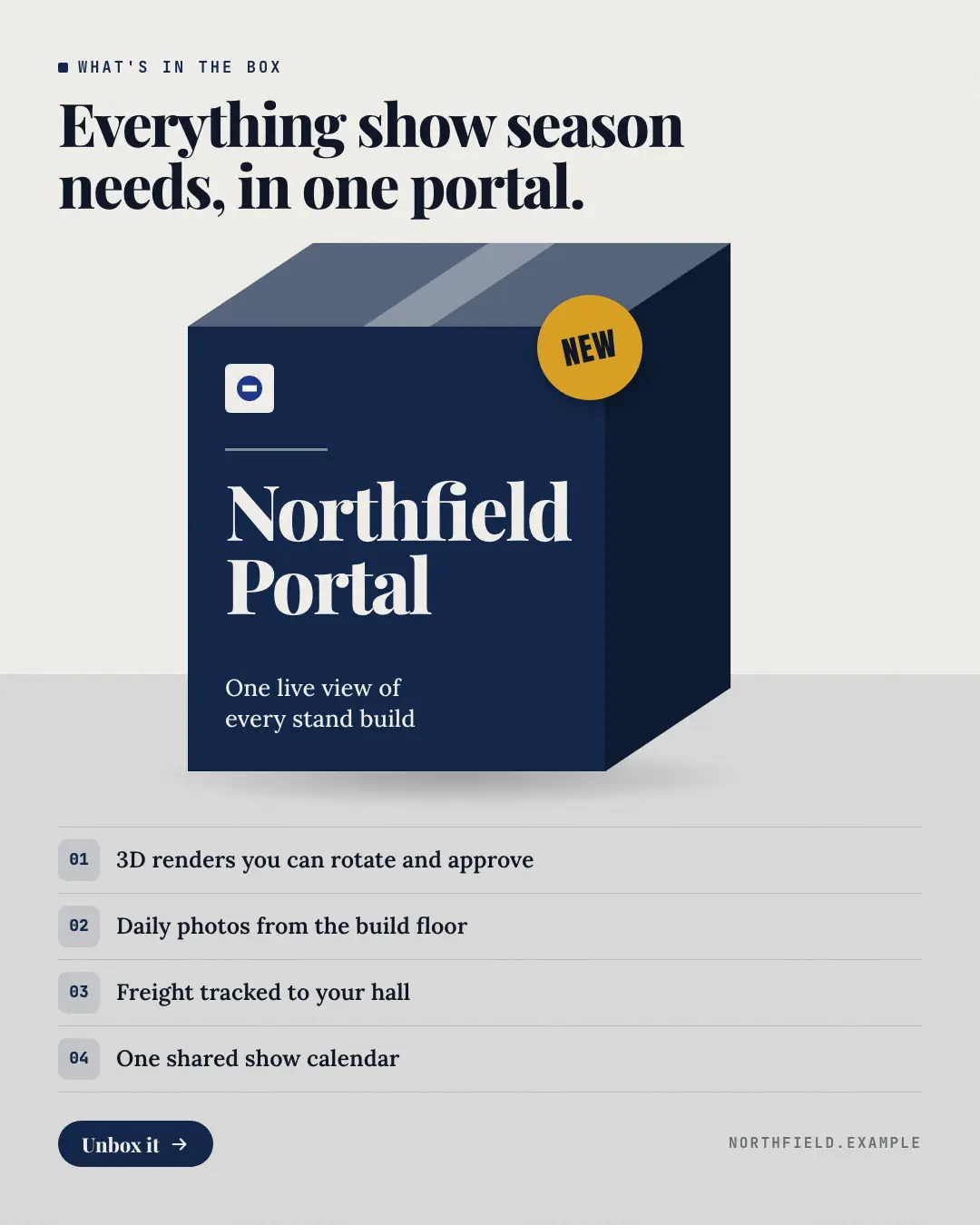 Sample What's in the box creative (Openings & reveals template), shown on the fictional brand Northfield Studio