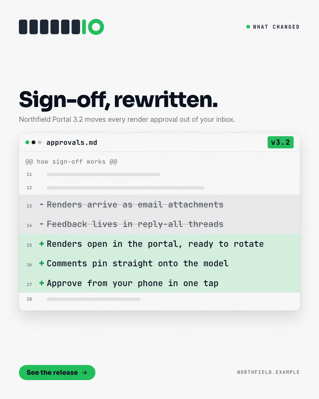Sample Release diff creative (Releases & roadmaps template), shown on the fictional brand Northfield Studio