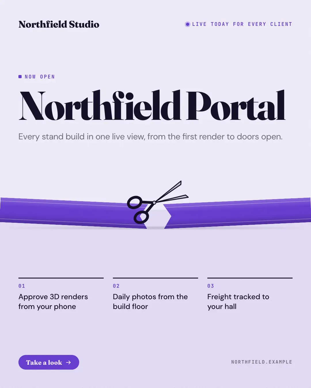 Sample Ribbon cutting creative (Openings & reveals template), shown on the fictional brand Northfield Studio