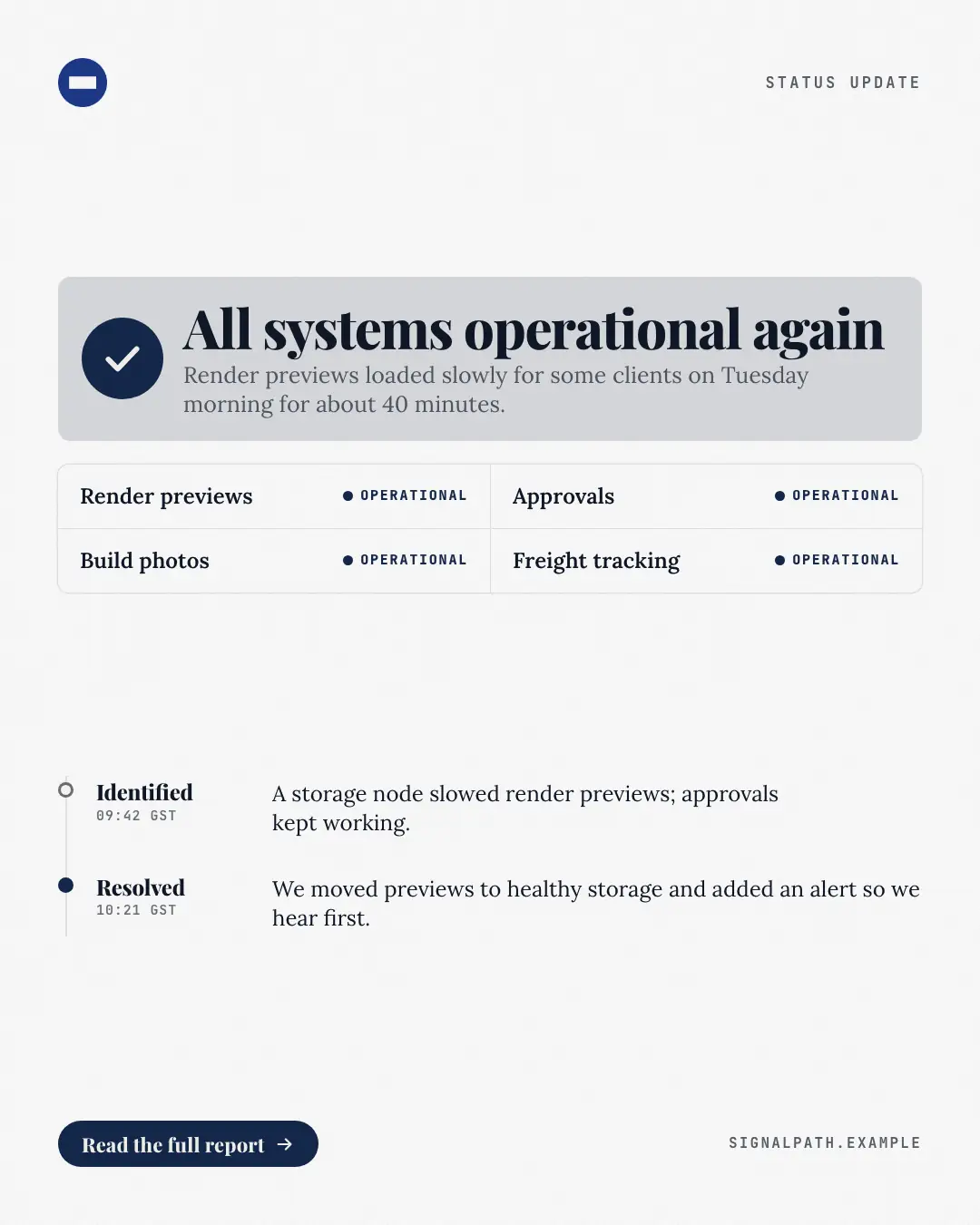 Sample Status: resolved creative (Releases & roadmaps template), shown on the fictional brand Signalpath