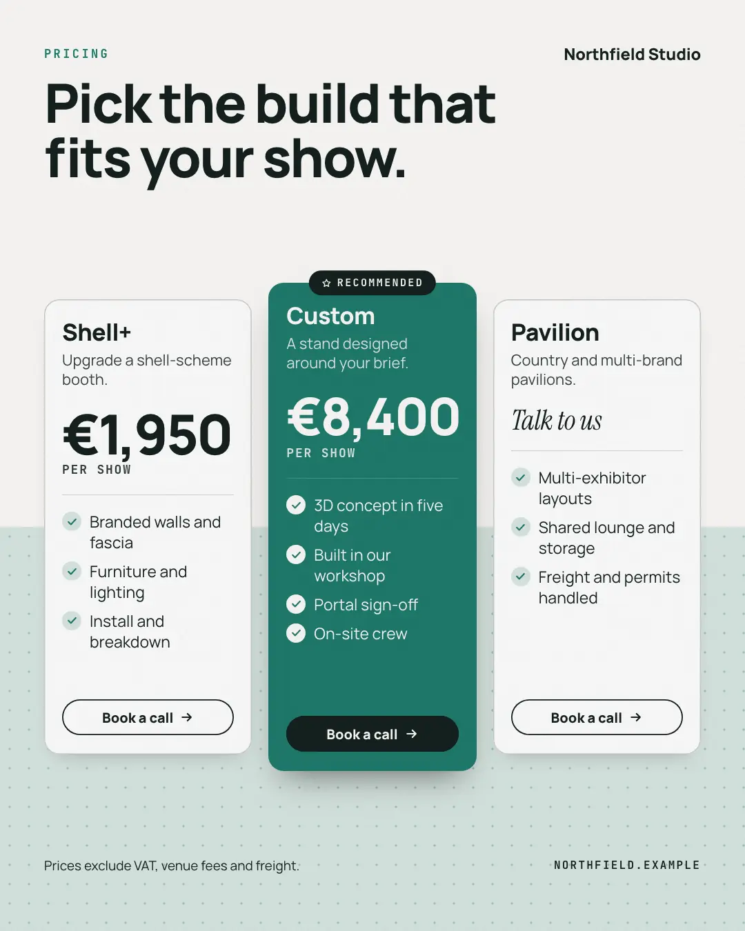 Sample Pricing card creative (Product showcase template), shown on the fictional brand Northfield Studio