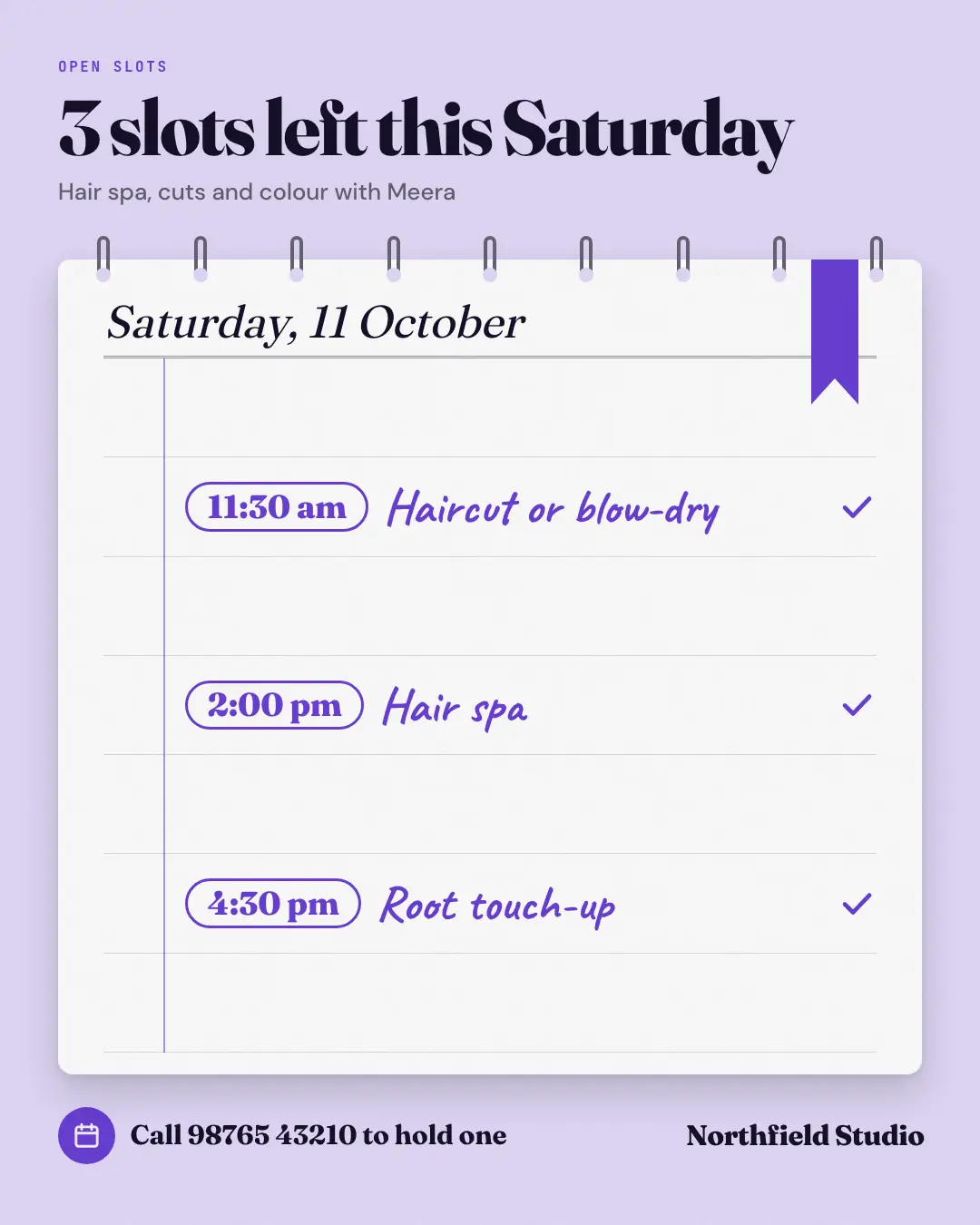 Sample Open appointment slots creative (Salons, repairs & consultants template), shown on the fictional brand Northfield Studio