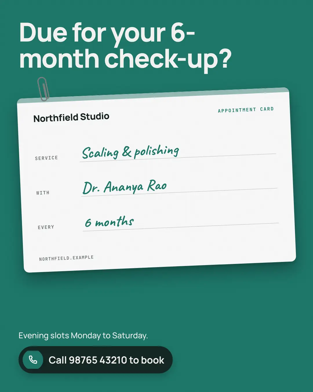 Sample Appointment reminder card creative (Salons, repairs & consultants template), shown on the fictional brand Northfield Studio