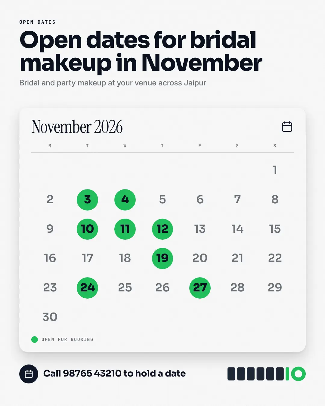 Sample Availability calendar creative (Salons, repairs & consultants template), shown on the fictional brand Northfield Studio