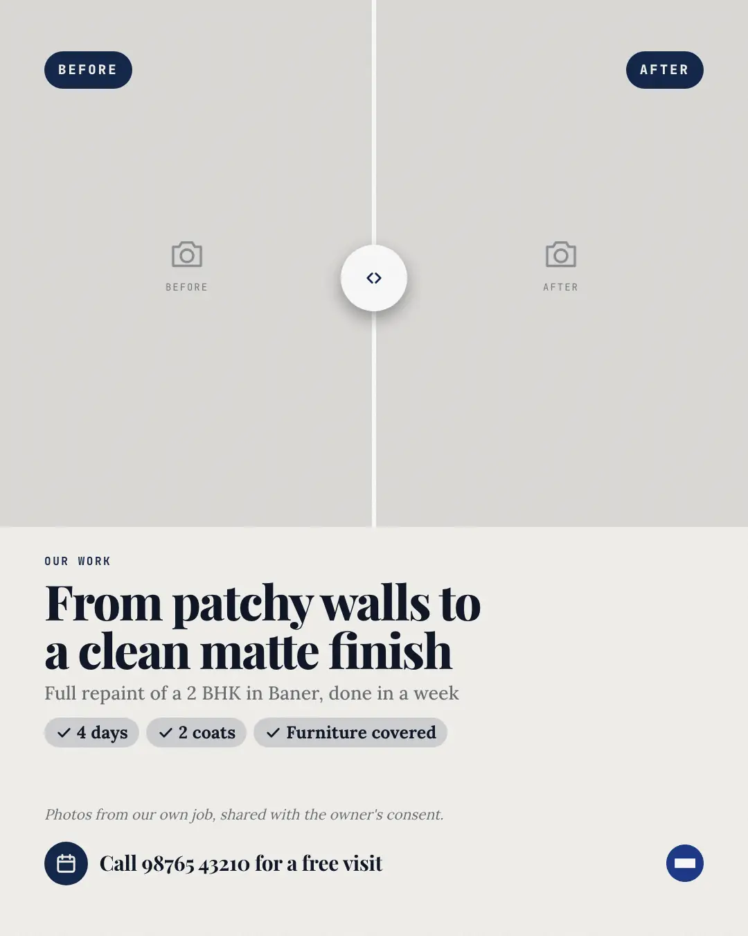Sample Before/after slider creative (Salons, repairs & consultants template), shown on the fictional brand Northfield Studio