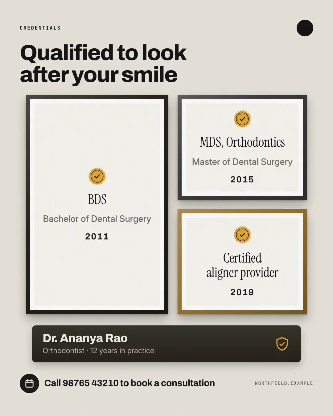 Sample Credentials wall creative (Salons, repairs & consultants template), shown on the fictional brand Northfield Studio