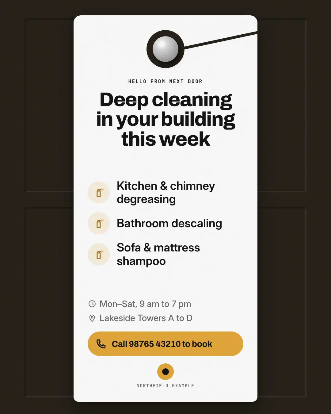 Sample Doorknob hanger creative (Salons, repairs & consultants template), shown on the fictional brand Northfield Studio