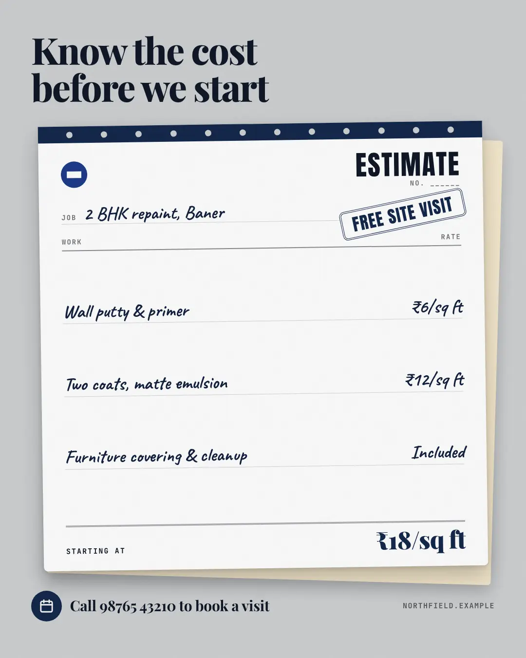 Sample Estimate pad creative (Salons, repairs & consultants template), shown on the fictional brand Northfield Studio