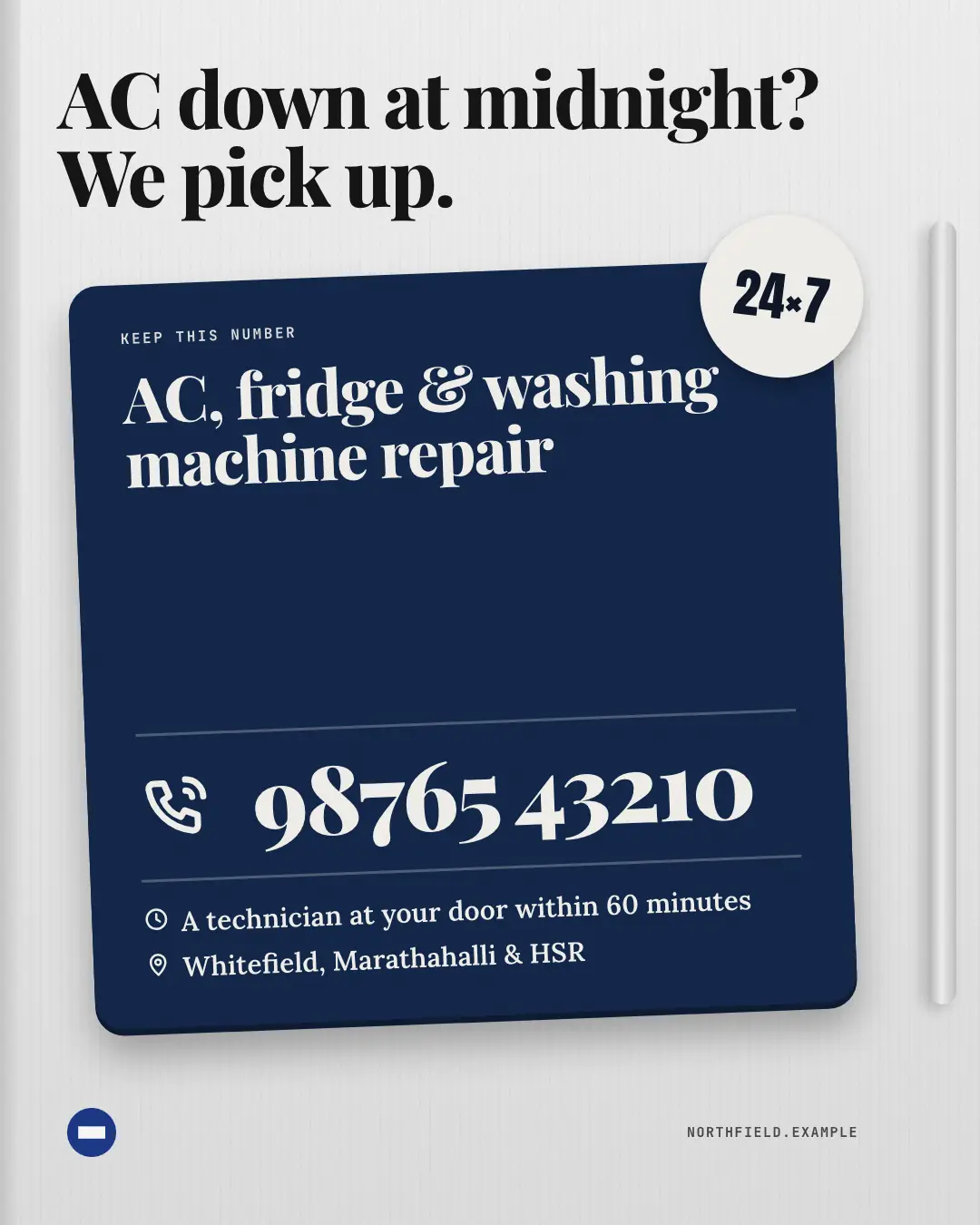 Sample Emergency fridge magnet creative (Salons, repairs & consultants template), shown on the fictional brand Northfield Studio