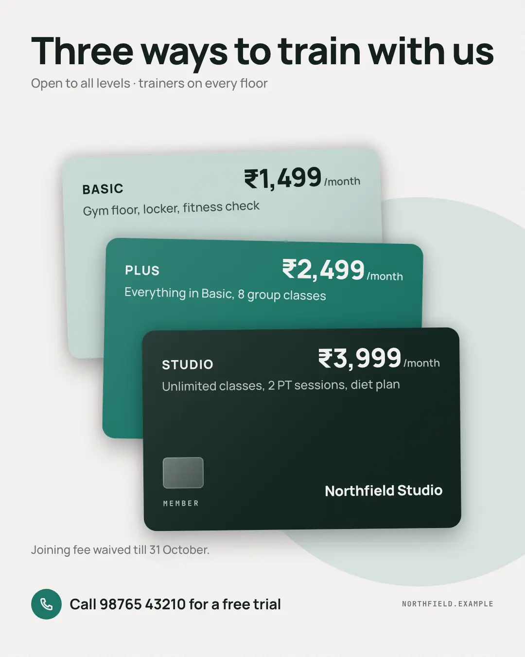 Sample Membership tiers wallet creative (Salons, repairs & consultants template), shown on the fictional brand Northfield Studio