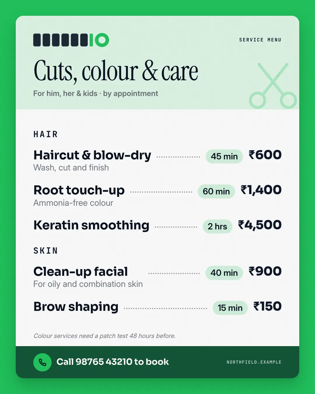 Sample Menu with durations creative (Salons, repairs & consultants template), shown on the fictional brand Northfield Studio
