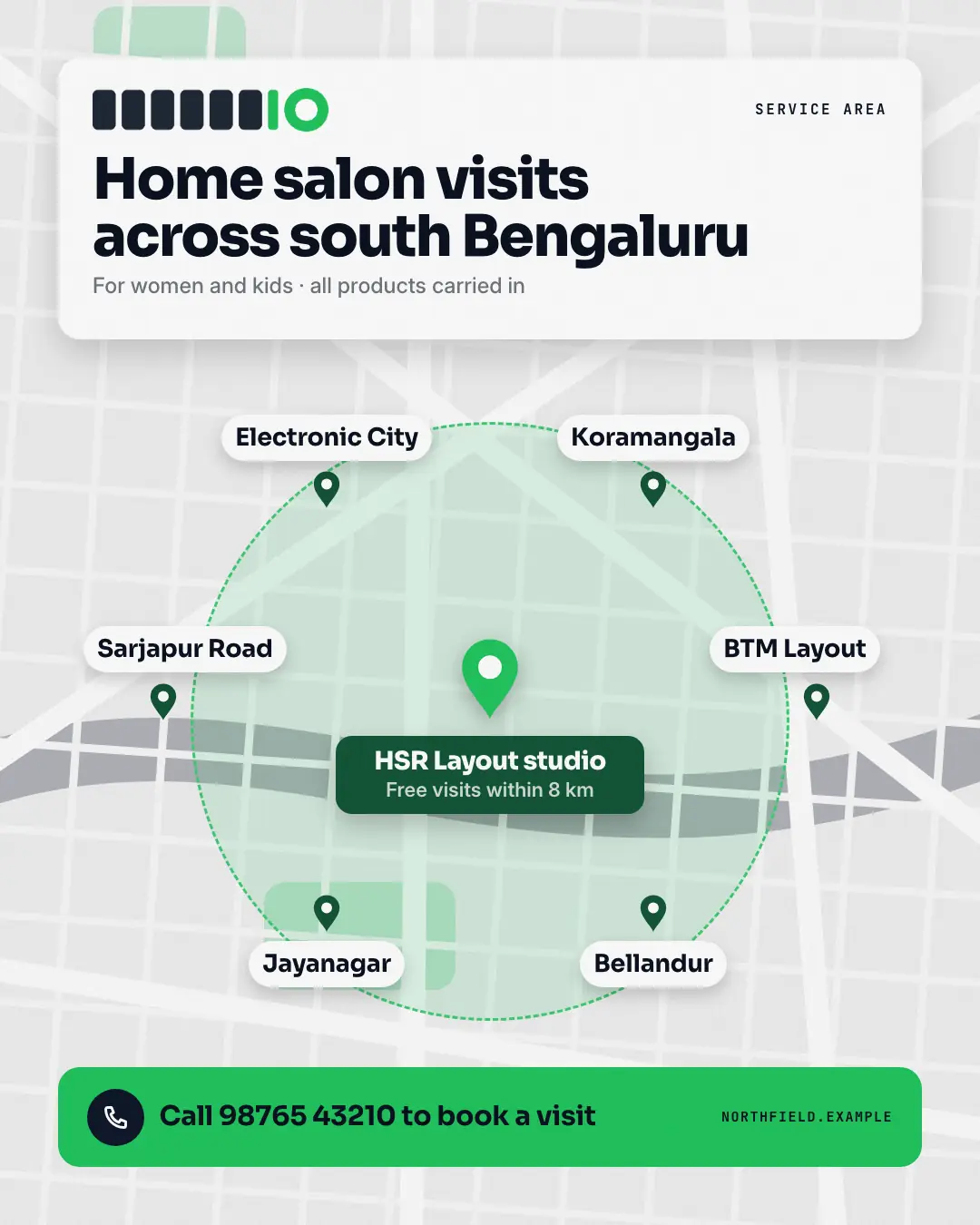 Sample Localities map creative (Salons, repairs & consultants template), shown on the fictional brand Northfield Studio