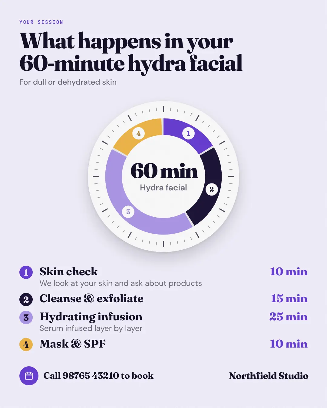 Sample Minute-by-minute clock creative (Salons, repairs & consultants template), shown on the fictional brand Northfield Studio