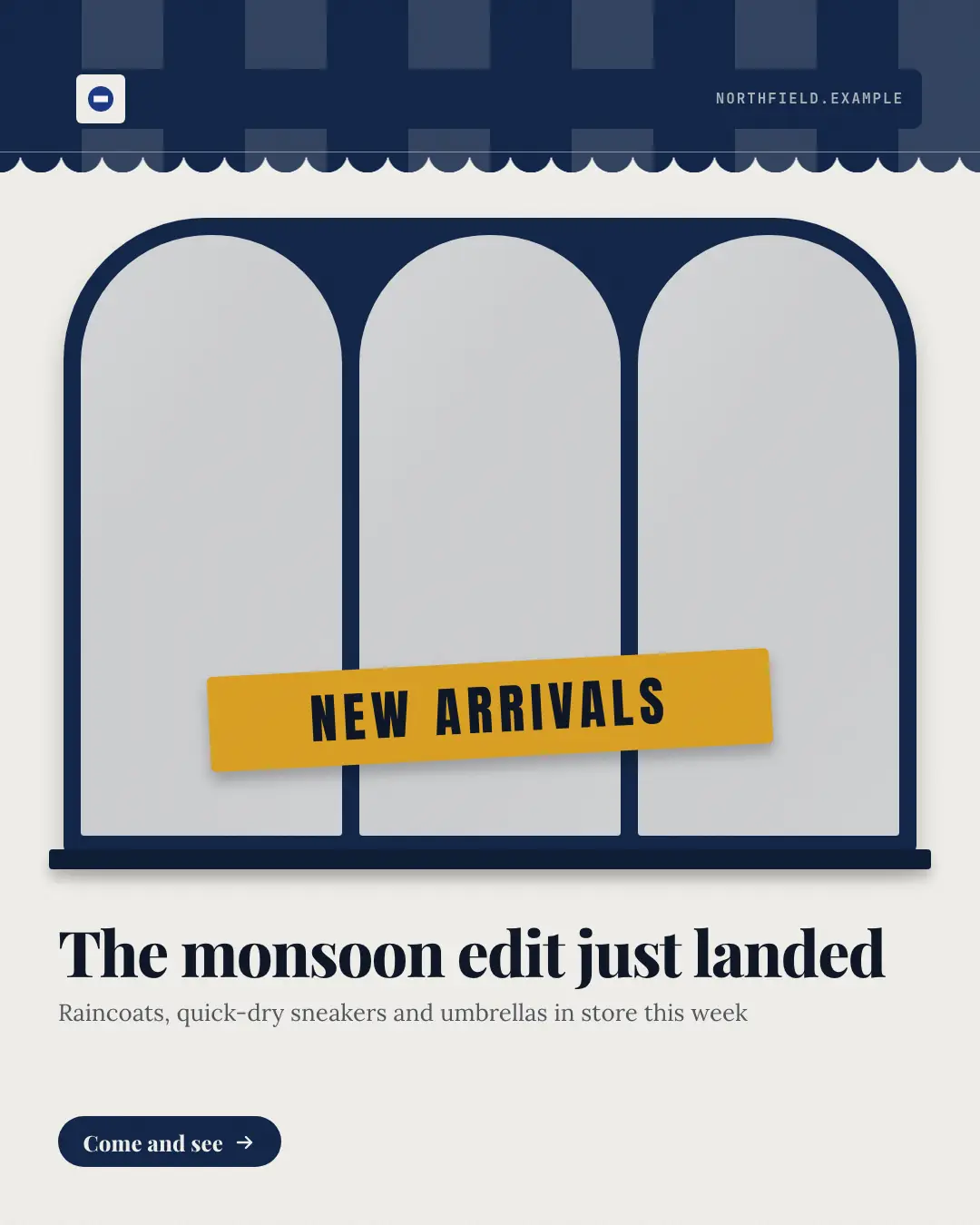 Sample New arrivals window creative (Products & catalog template), shown on the fictional brand Northfield Studio