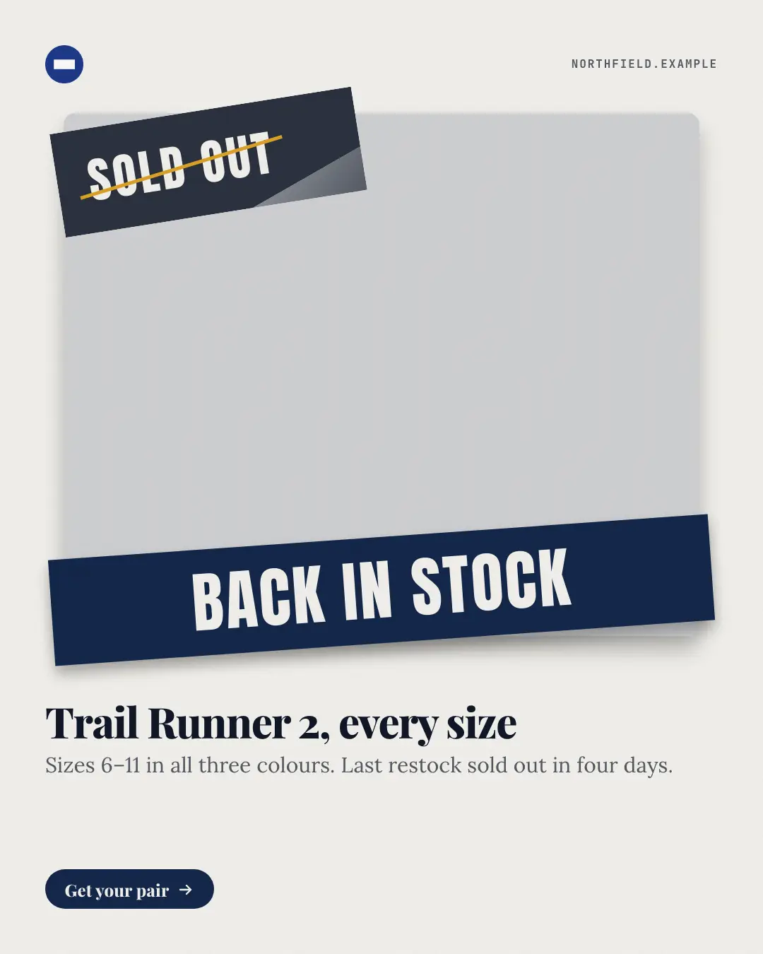 Sample Back in stock creative (Products & catalog template), shown on the fictional brand Northfield Studio