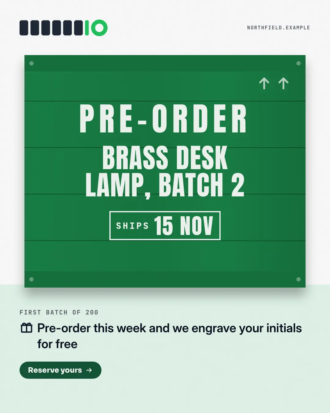 Sample Pre-order crate creative (Products & catalog template), shown on the fictional brand Northfield Studio