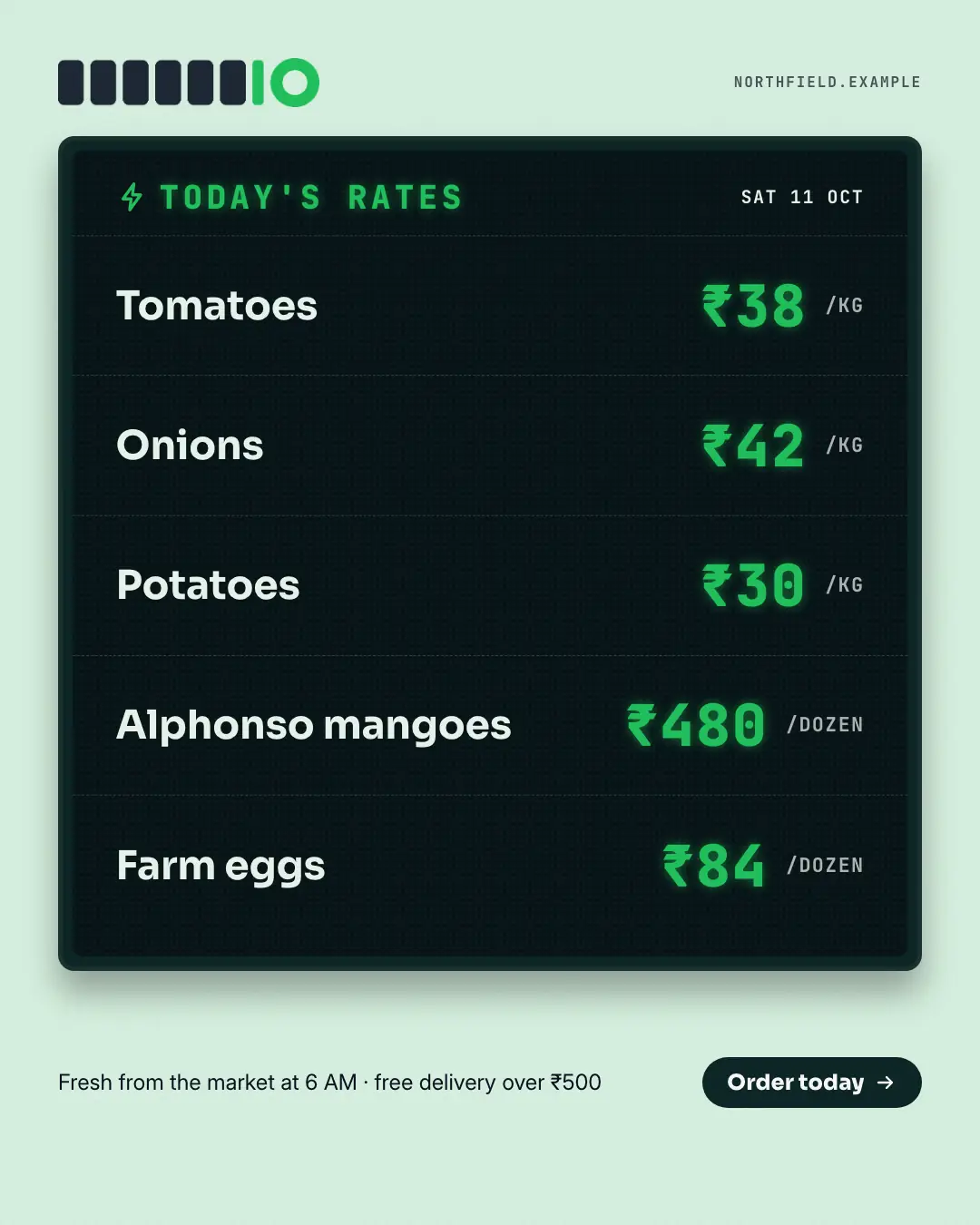 Sample Today's rates board creative (Products & catalog template), shown on the fictional brand Northfield Studio