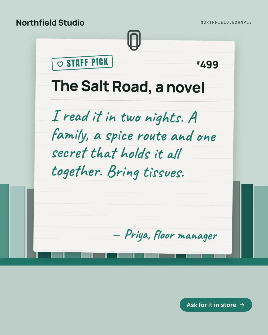 Sample Staff pick card creative (Products & catalog template), shown on the fictional brand Northfield Studio