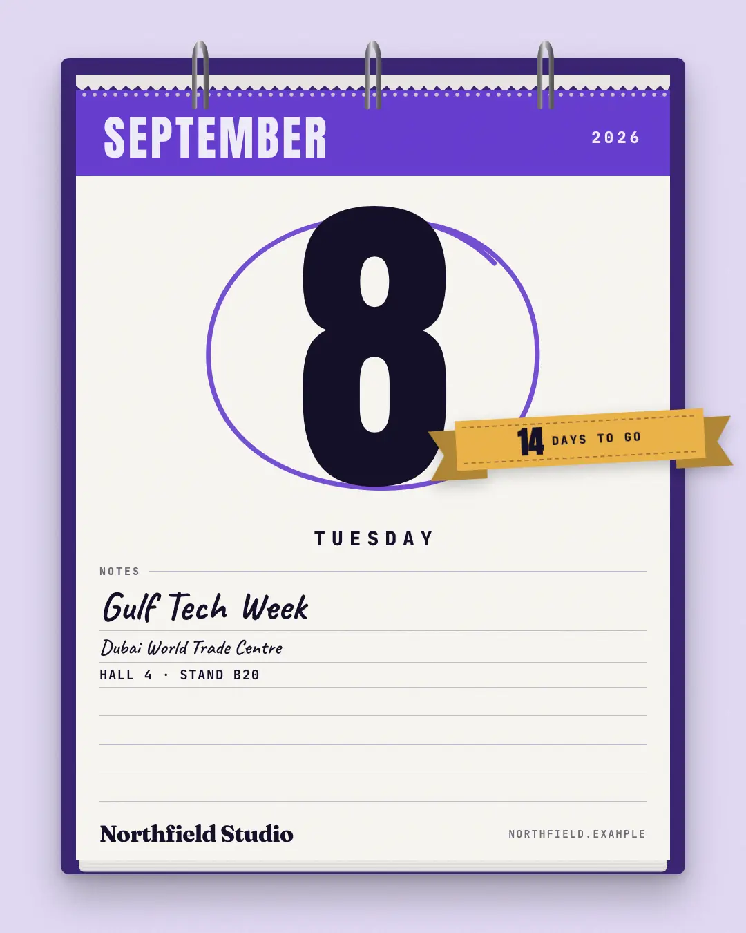 Sample Desk calendar creative (Seasonal & events template), shown on the fictional brand Northfield Studio