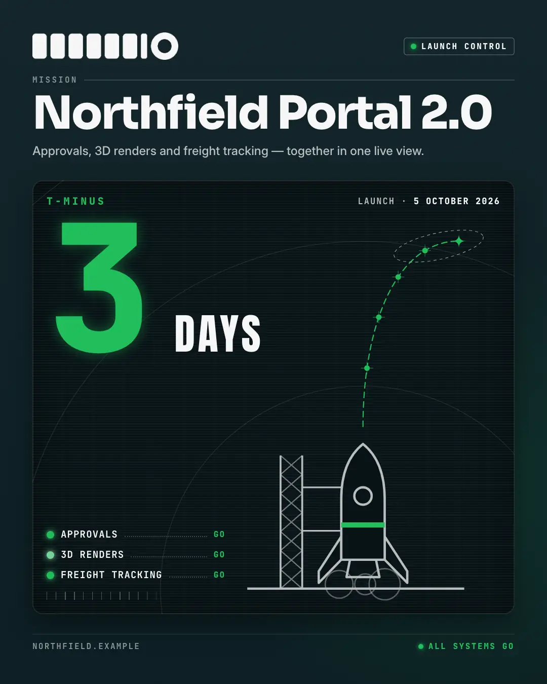 Sample Launch countdown creative (Seasonal & events template), shown on the fictional brand Northfield Studio