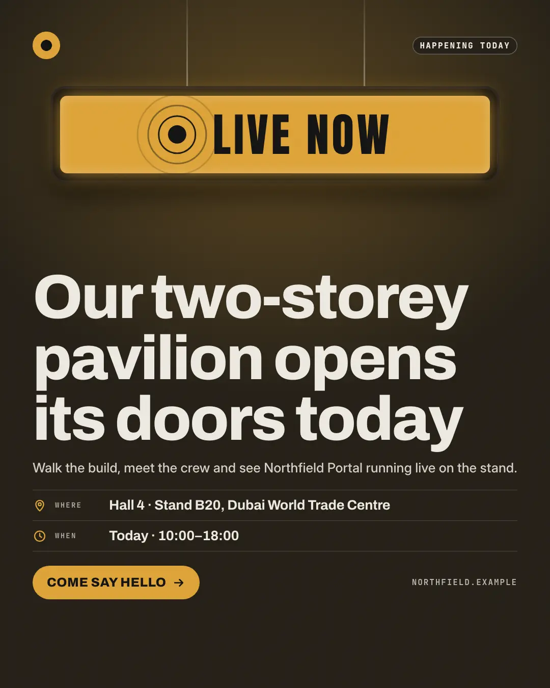 Sample Live now creative (Seasonal & events template), shown on the fictional brand Northfield Studio