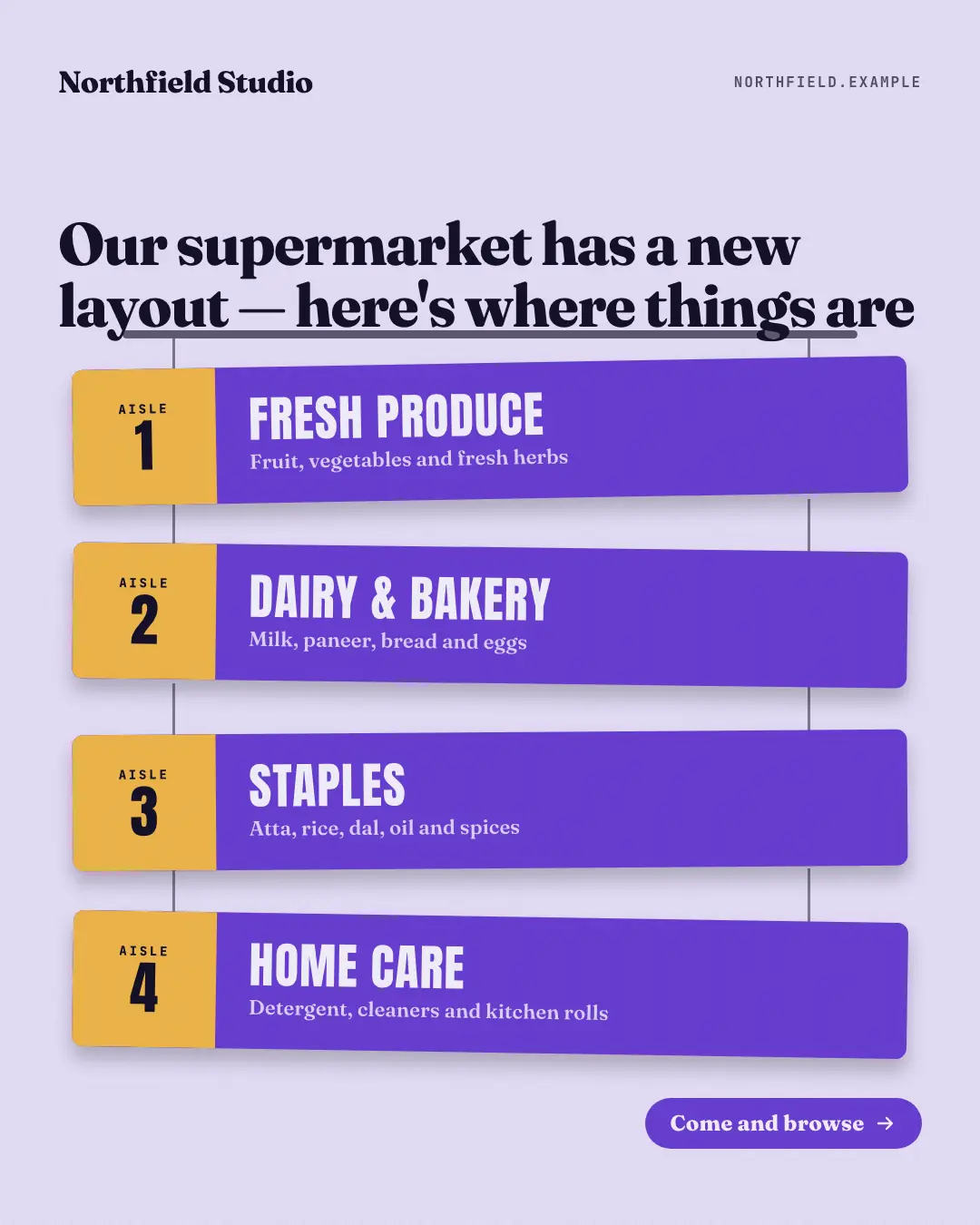Sample Aisle boards creative (Shopfront & doorstep template), shown on the fictional brand Northfield Studio