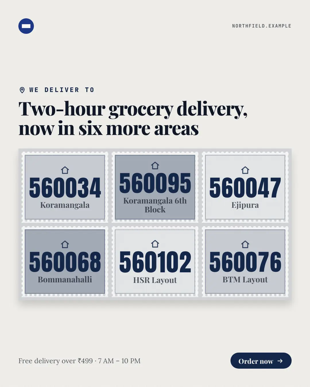 Sample Postage-stamp sheet creative (Shopfront & doorstep template), shown on the fictional brand Northfield Studio
