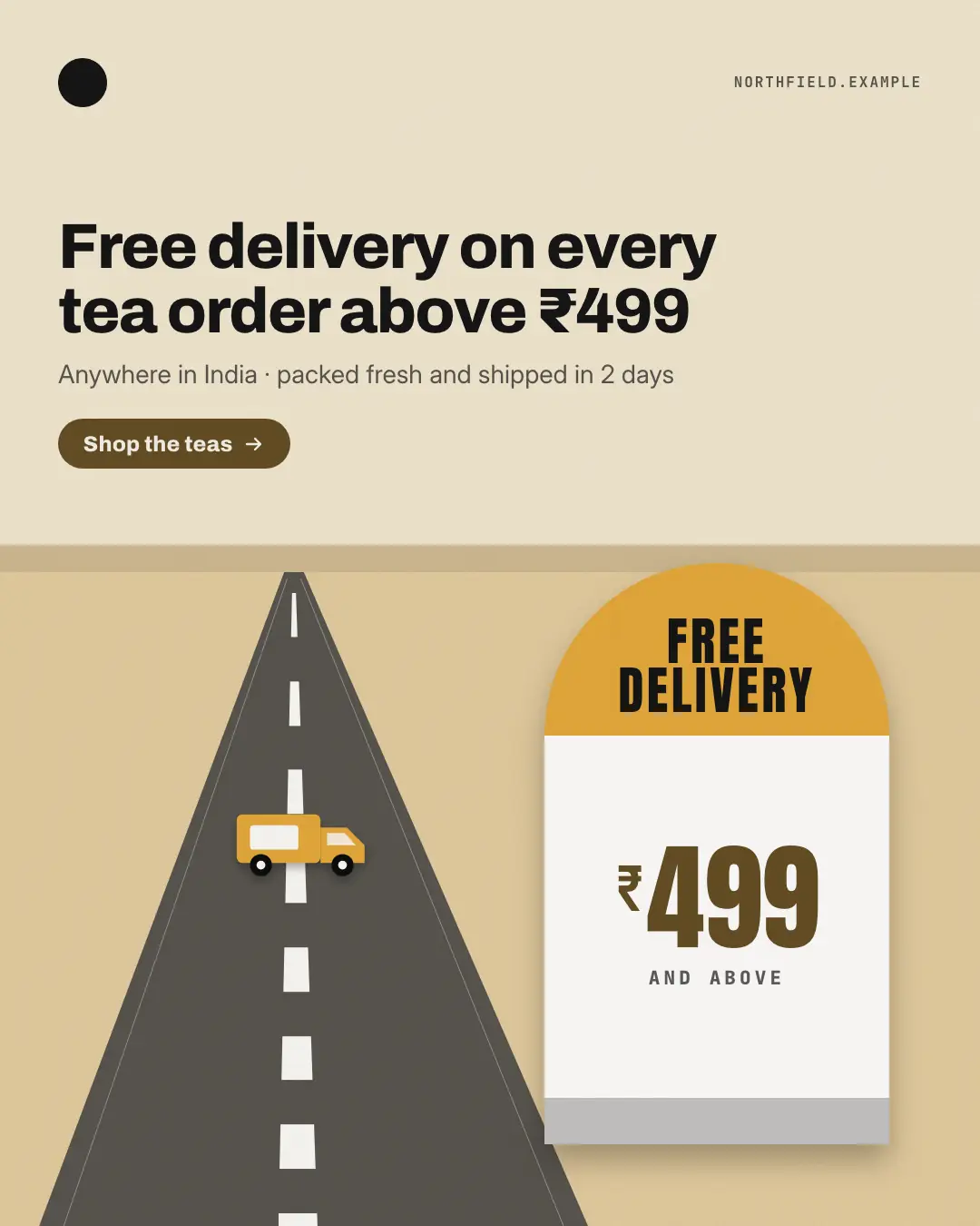 Sample Free-shipping kilometre stone creative (Shopfront & doorstep template), shown on the fictional brand Northfield Studio