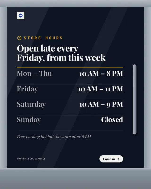Opening-times decal — sample creative