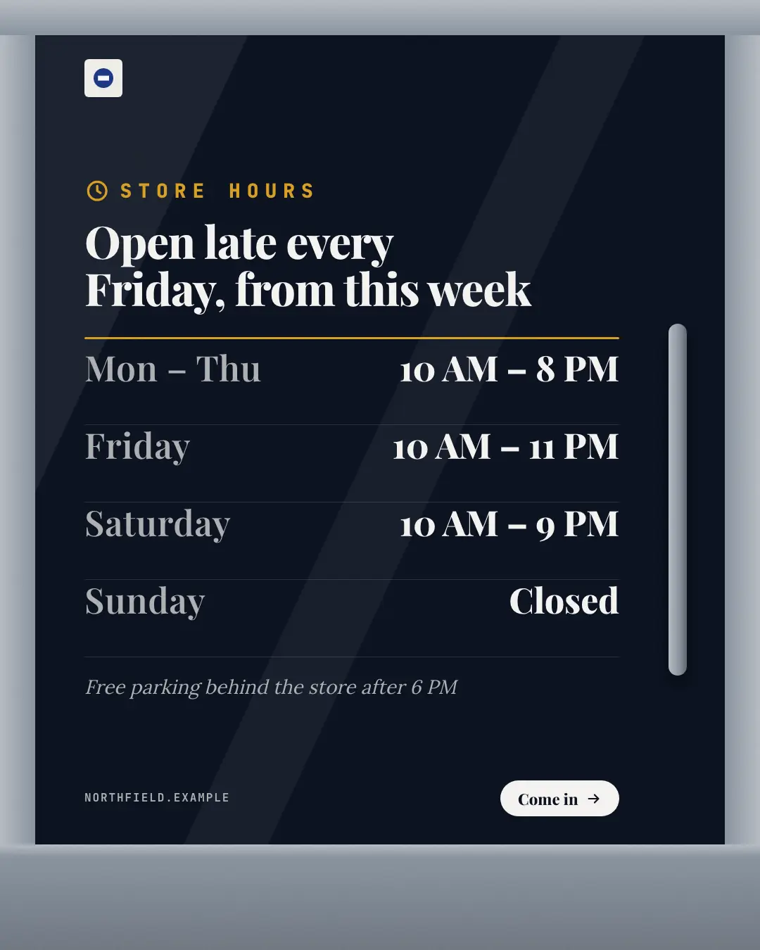 Sample Opening-times decal creative (Shopfront & doorstep template), shown on the fictional brand Northfield Studio
