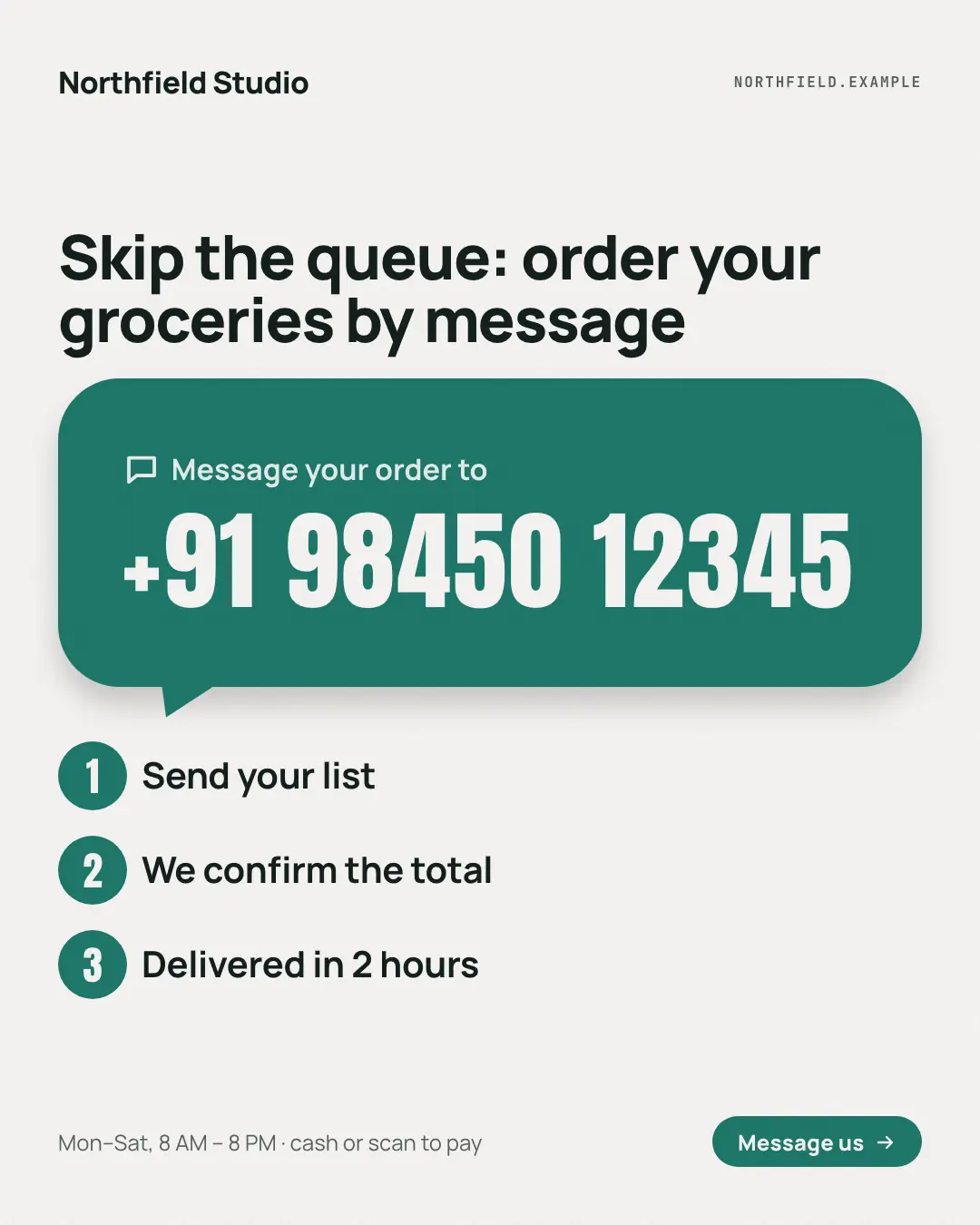 Sample Chat-bubble number creative (Shopfront & doorstep template), shown on the fictional brand Northfield Studio