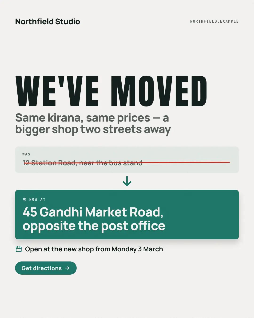 Sample We've moved creative (Shopfront & doorstep template), shown on the fictional brand Northfield Studio