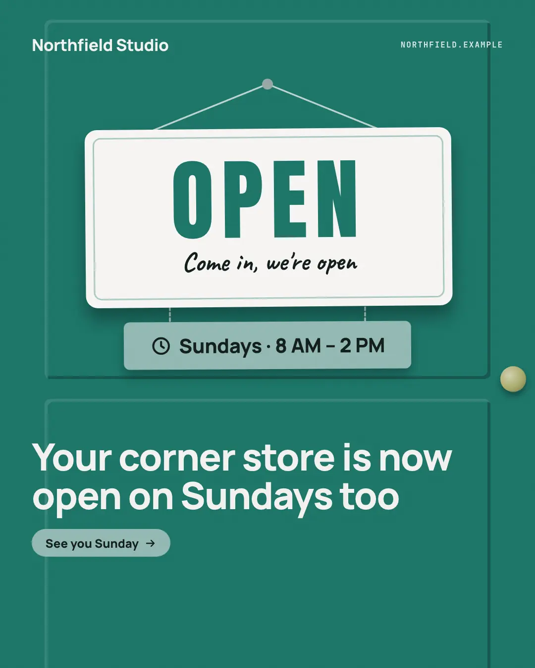 Sample Hanging OPEN card creative (Shopfront & doorstep template), shown on the fictional brand Northfield Studio