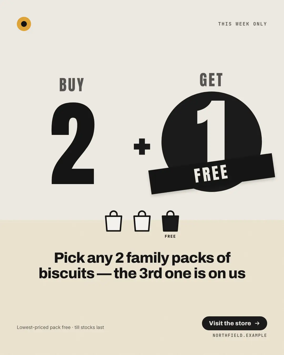 Sample BOGO equation creative (Offer tags & coupons template), shown on the fictional brand Northfield Studio