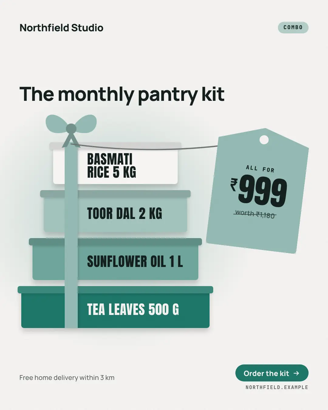 Sample Bundle stack creative (Offer tags & coupons template), shown on the fictional brand Northfield Studio