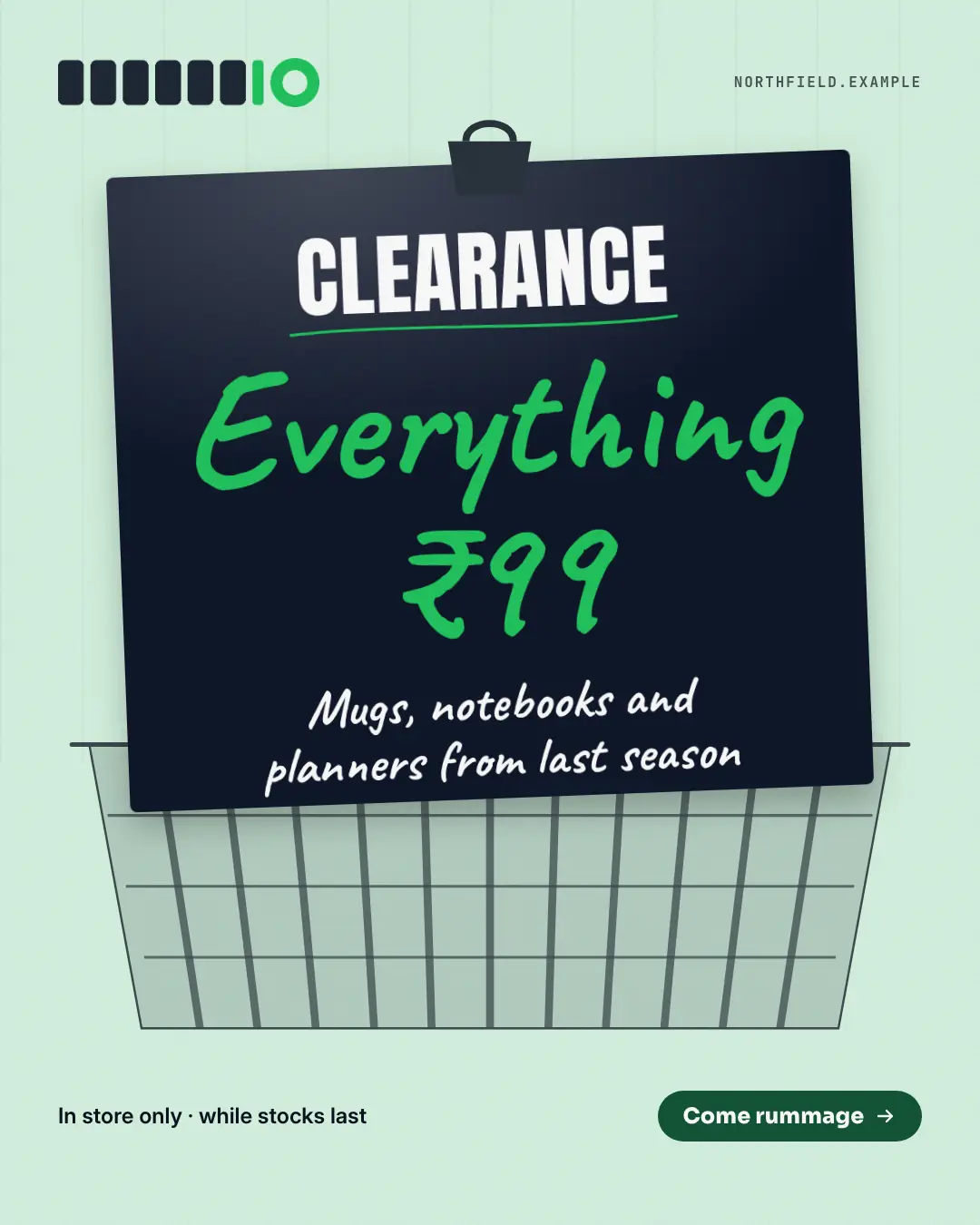 Sample Clearance bin card creative (Offer tags & coupons template), shown on the fictional brand Northfield Studio