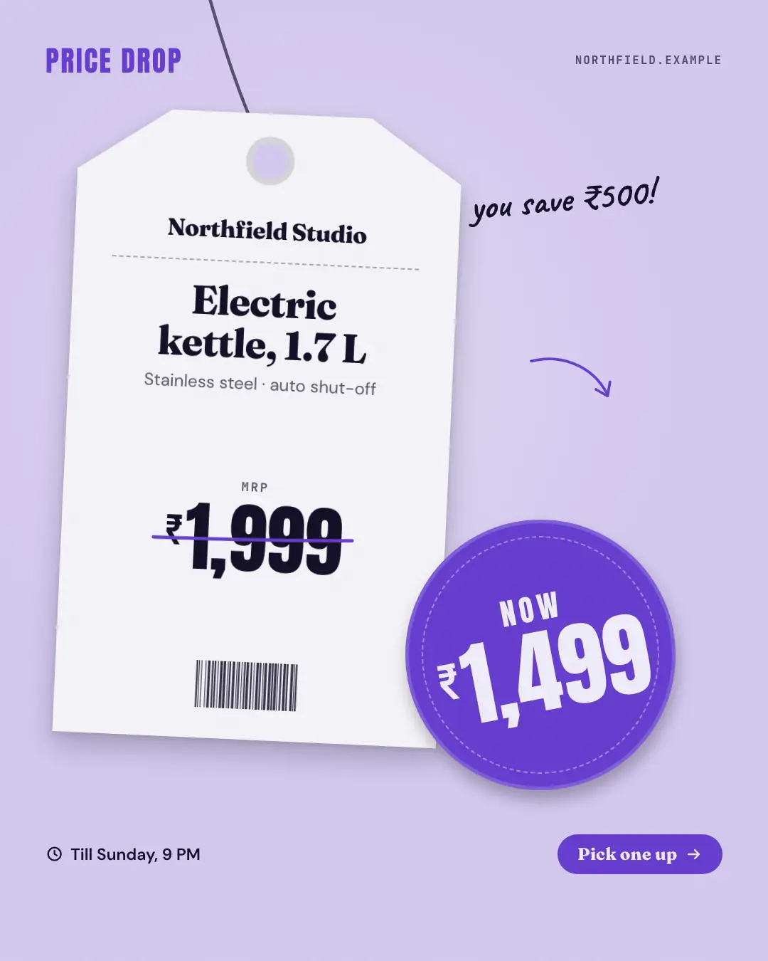 Sample Markdown price tag creative (Offer tags & coupons template), shown on the fictional brand Northfield Studio