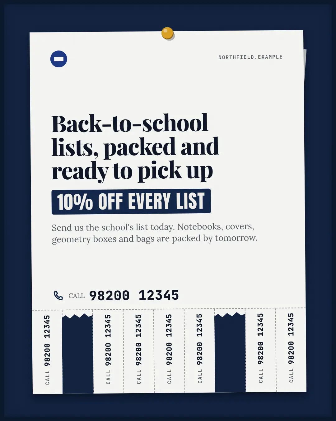Sample Tear-off flyer creative (Offer tags & coupons template), shown on the fictional brand Northfield Studio