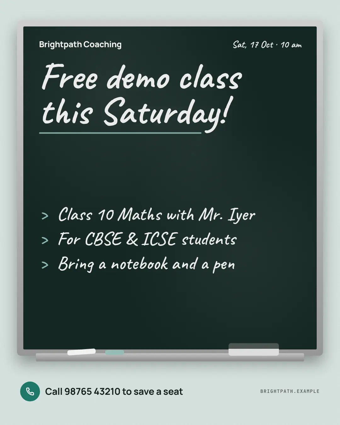 Sample Chalkboard invite creative (Clinics, tutors, homestays & garages template), shown on the fictional brand Brightpath Coaching