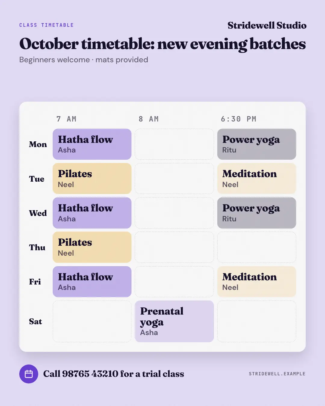 Sample Timetable grid creative (Clinics, tutors, homestays & garages template), shown on the fictional brand Stridewell Studio