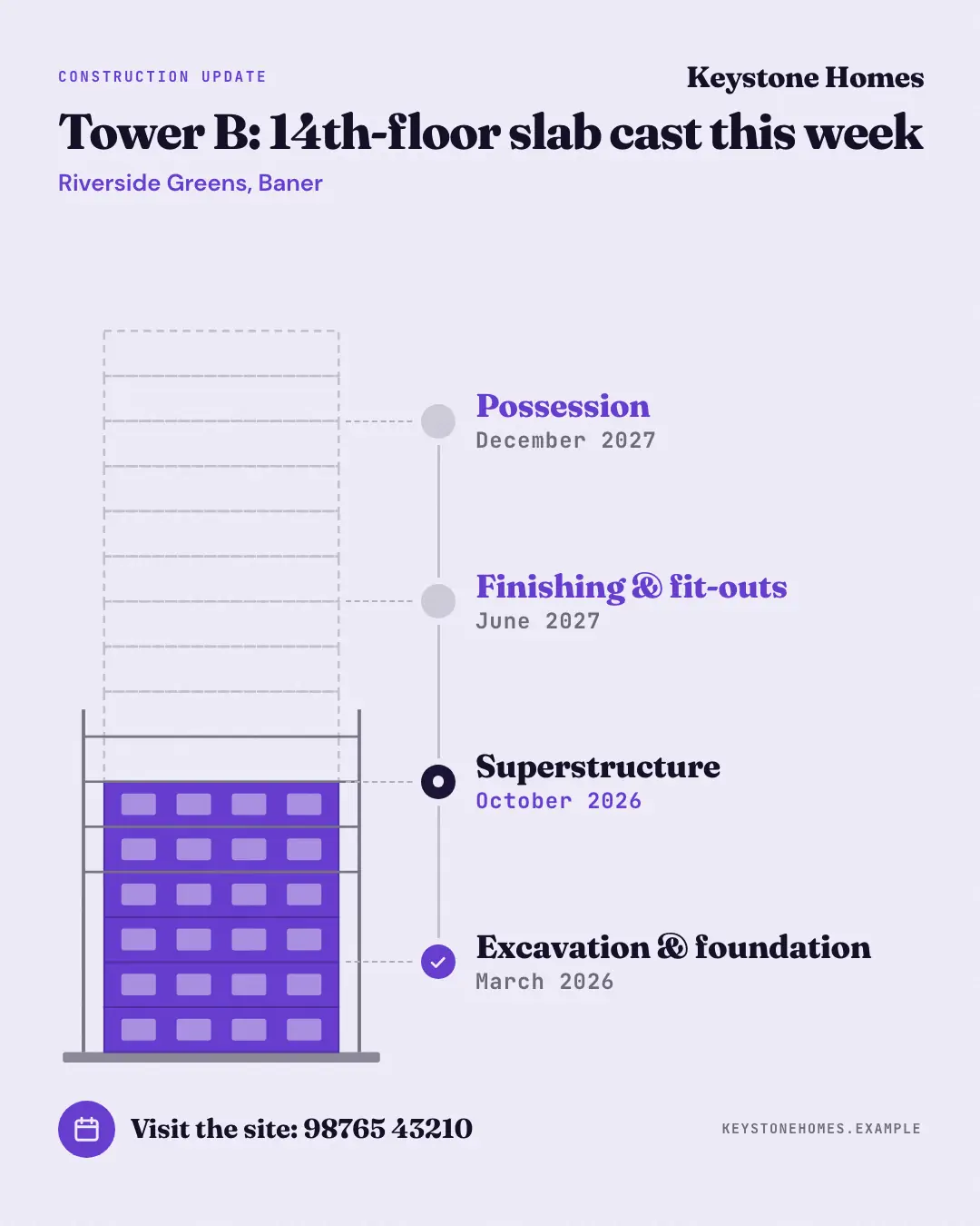 Sample Tower under construction creative (Clinics, tutors, homestays & garages template), shown on the fictional brand Keystone Homes