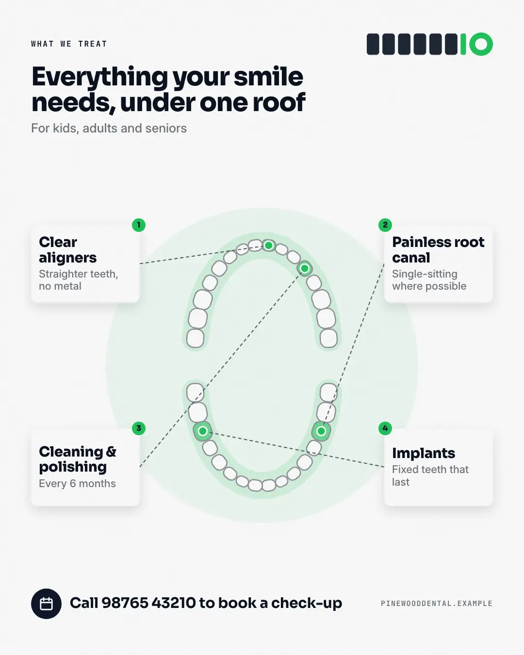 Sample Dental chart creative (Clinics, tutors, homestays & garages template), shown on the fictional brand Pinewood Dental Studio