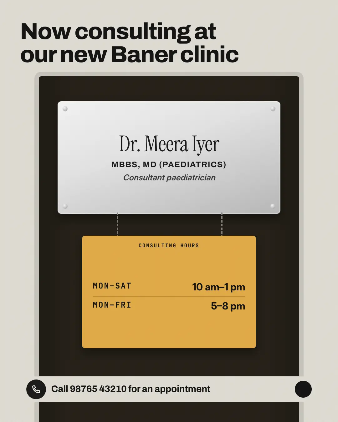 Sample Engraved nameplate creative (Clinics, tutors, homestays & garages template), shown on the fictional brand Pinewood Dental Studio