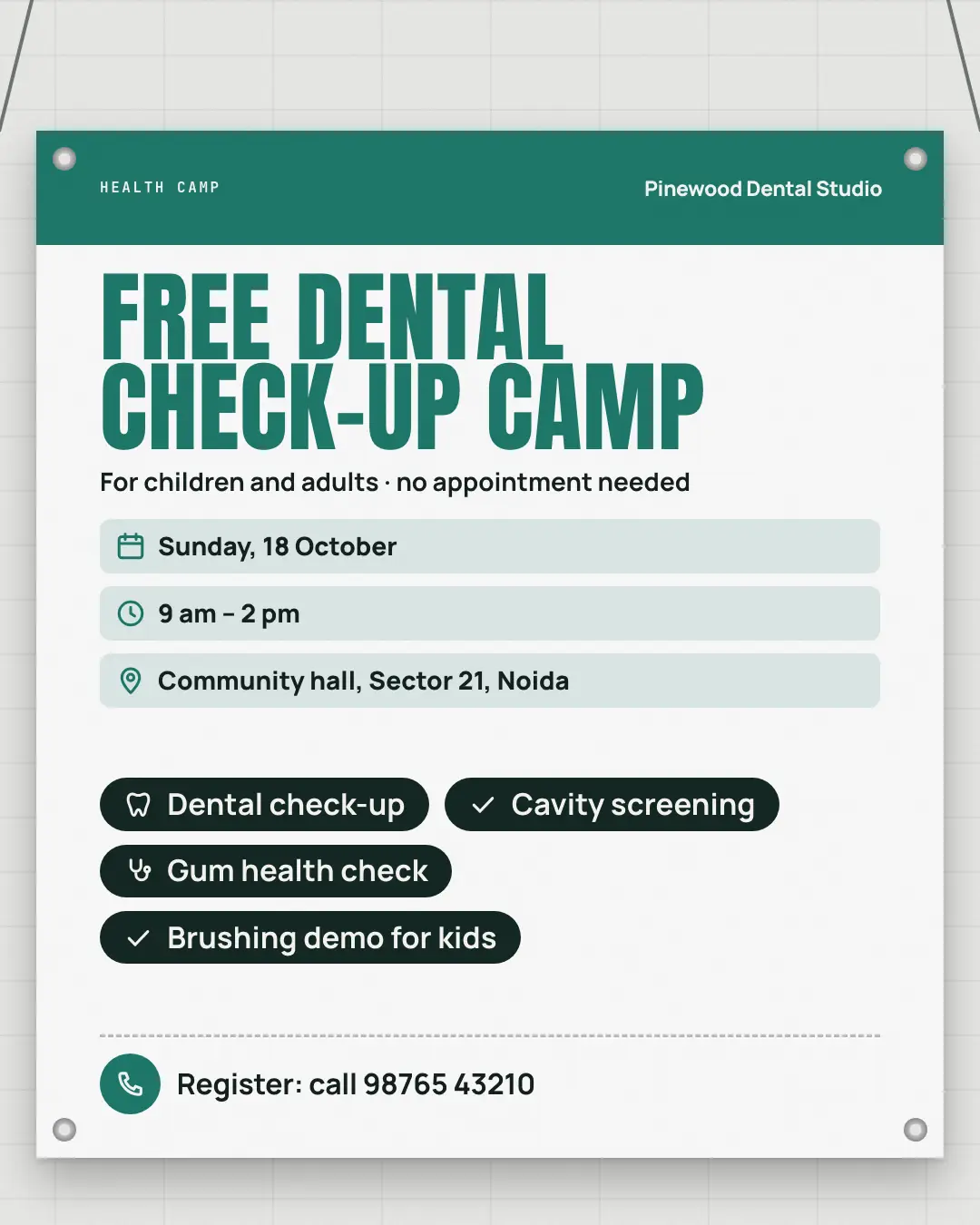 Sample Check-up camp banner creative (Clinics, tutors, homestays & garages template), shown on the fictional brand Pinewood Dental Studio