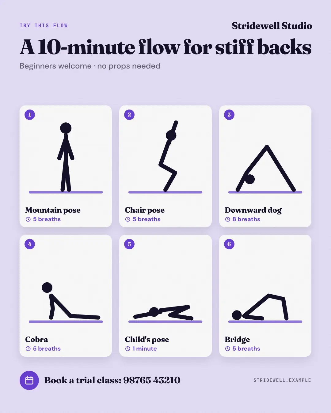 Sample Yoga pose sequence creative (Clinics, tutors, homestays & garages template), shown on the fictional brand Stridewell Studio