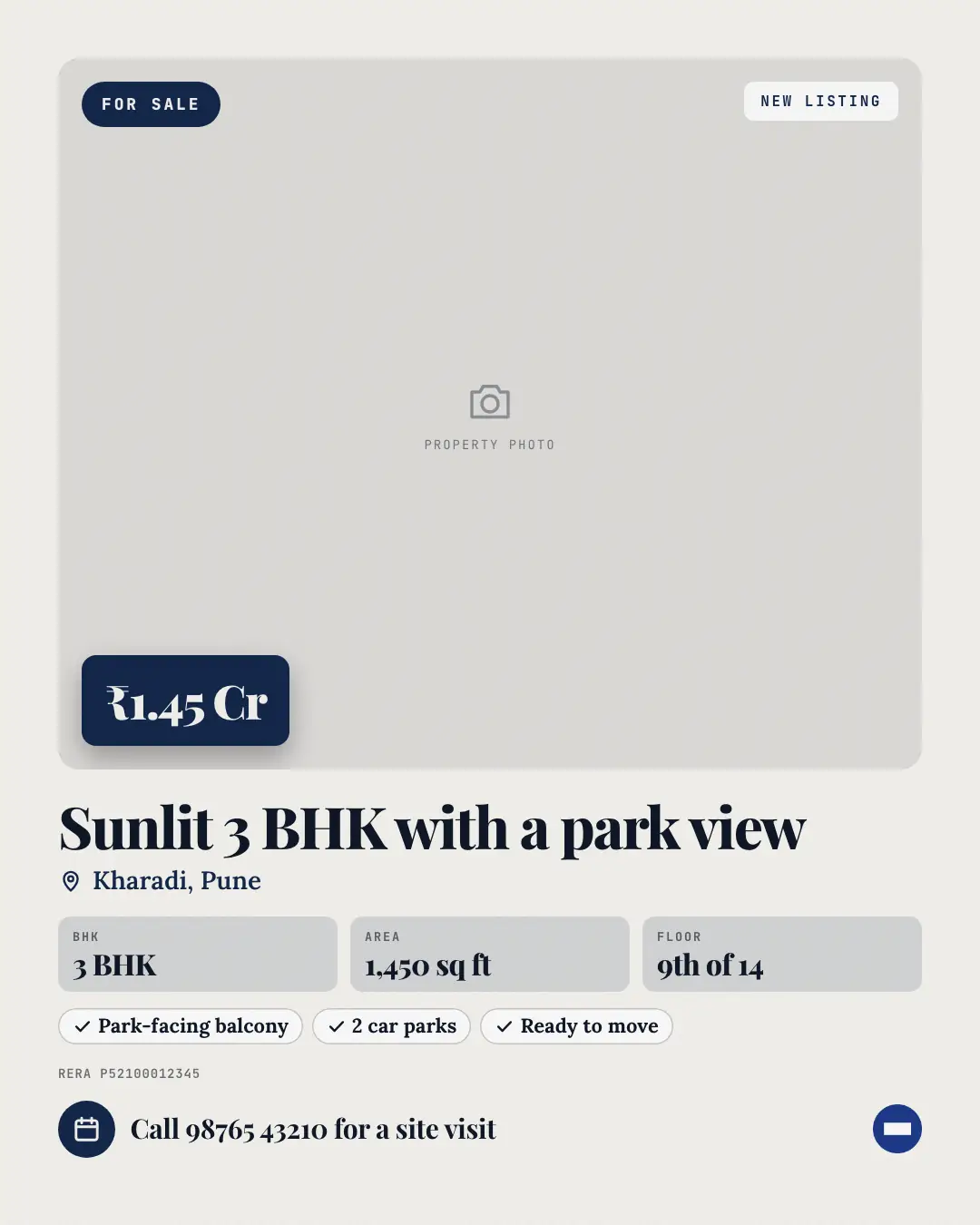 Sample Property listing card creative (Clinics, tutors, homestays & garages template), shown on the fictional brand Keystone Homes
