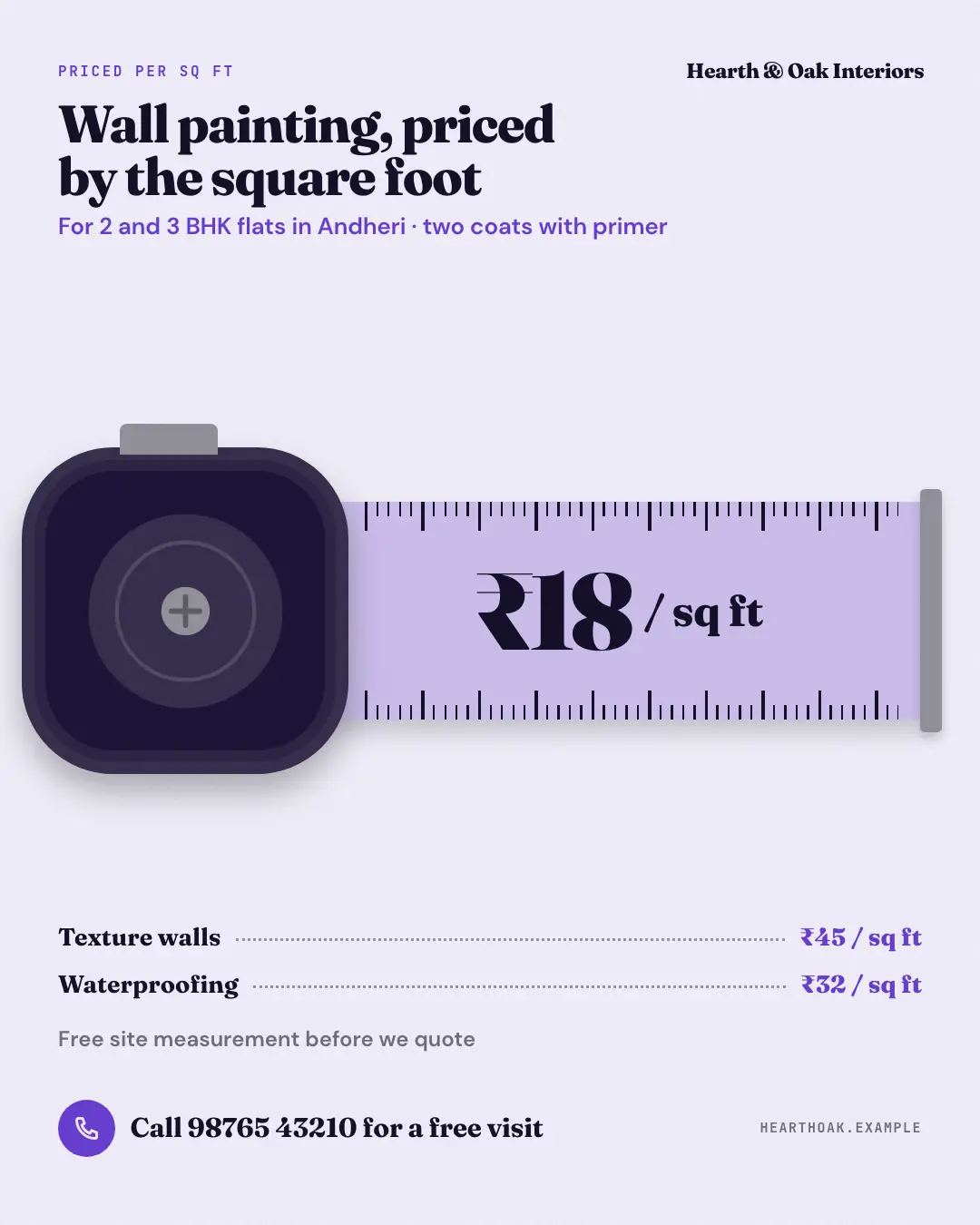 Sample Rate by the square foot creative (Clinics, tutors, homestays & garages template), shown on the fictional brand Hearth & Oak Interiors