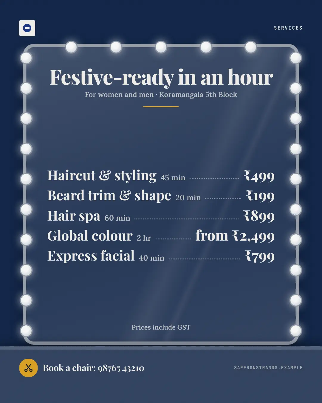 Sample Salon mirror menu creative (Clinics, tutors, homestays & garages template), shown on the fictional brand Saffron Strands Salon