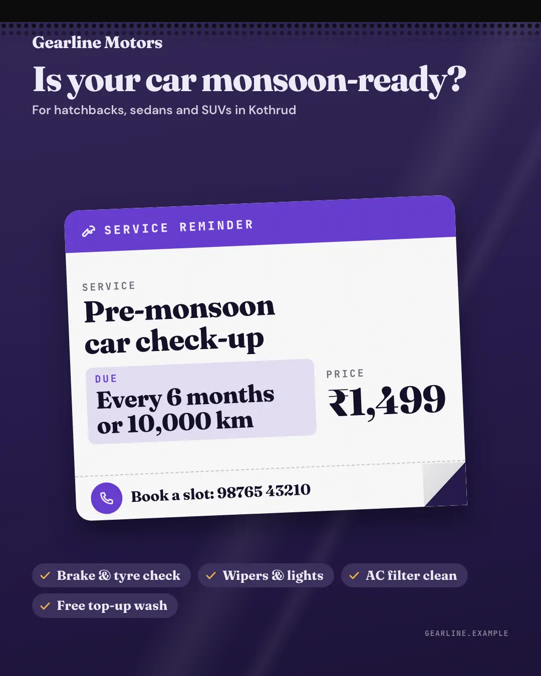 Sample Windshield sticker creative (Clinics, tutors, homestays & garages template), shown on the fictional brand Gearline Motors