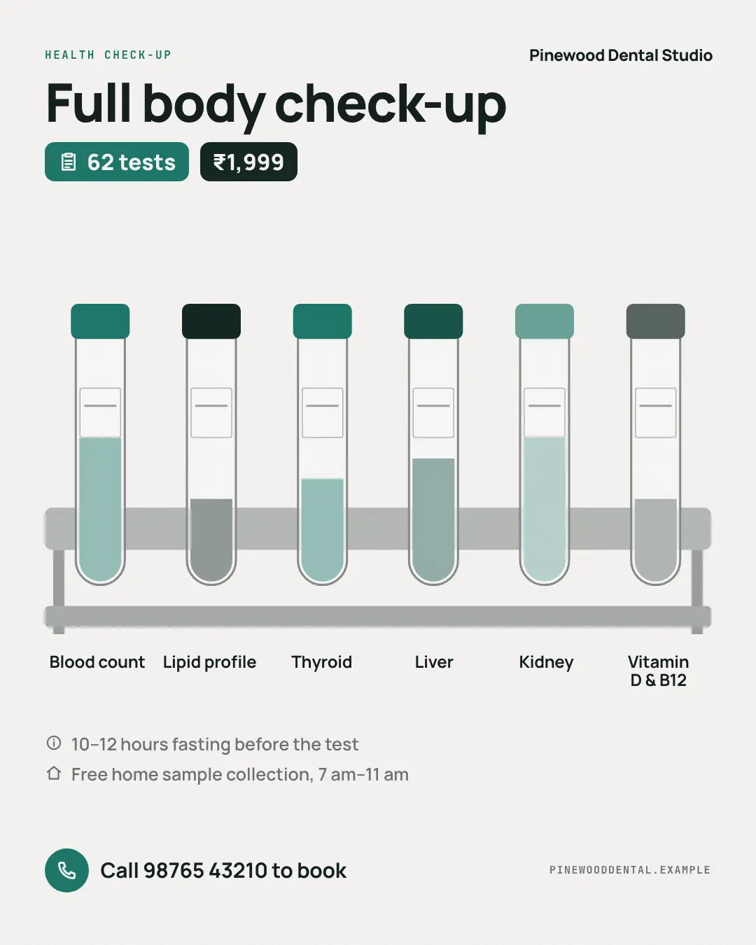 Sample Diagnostic check-up creative (Clinics, tutors, homestays & garages template), shown on the fictional brand Pinewood Dental Studio